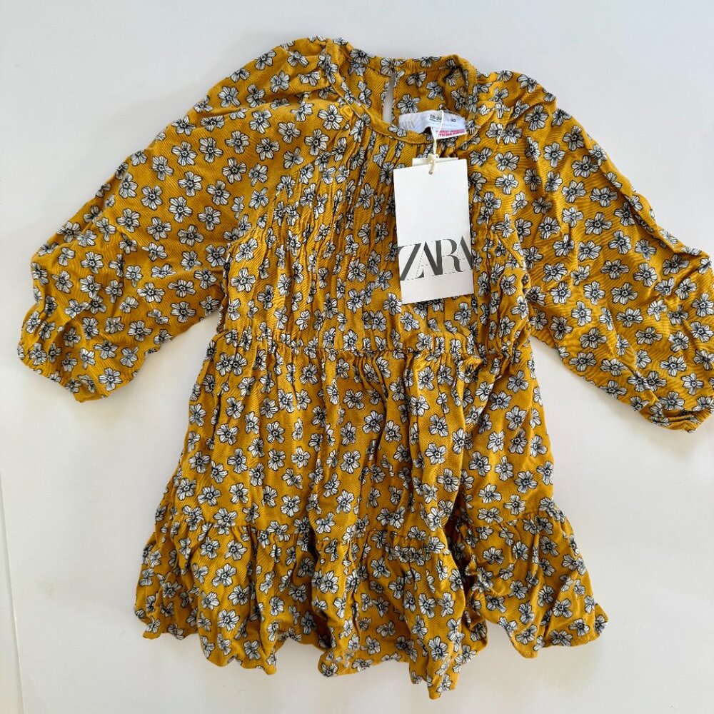 NWT Zara Mustard Floral Tiered Dress 18-24M Long Sleeve Fall Pumpkin Patch
